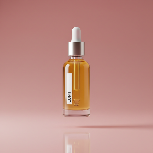 Face Oil dropper bottle on dusty pink background